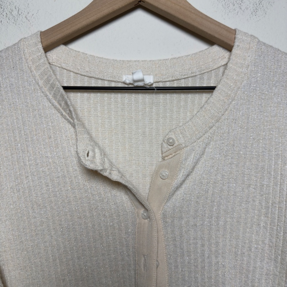 Aerie‎ Women Preppy Cardigan Sweater Large Cream Ribbed Knit Shimmer Coquette - Picture 4 of 11